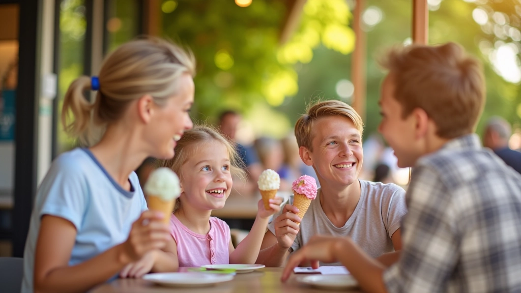 Familie op fiets stopt bij een ijssalon met terras, genieten van ijs in de zon