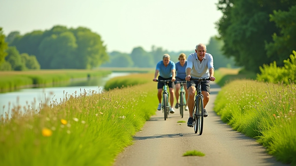 Groep senioren fietst langs de rivier