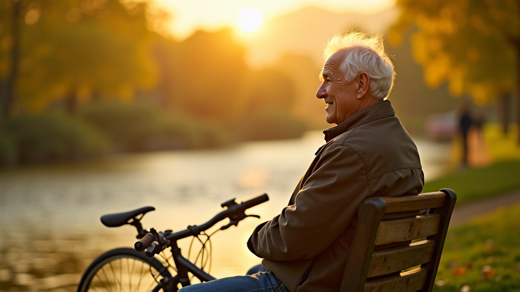 Senior man zittend op een houten bank, kijkend naar het water met fiets ernaast