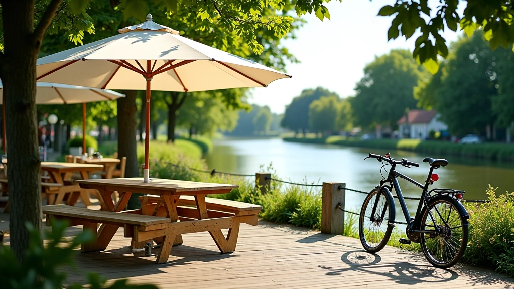 Houten tafel met uitzicht op de rivier, parasol boven, fietsen tegen een boom