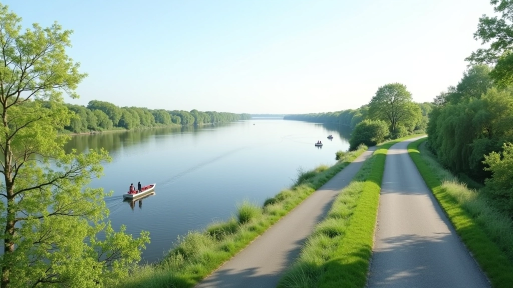 Panoramisch uitzicht op Maas rivier met groene oevers, enkele boten op het water