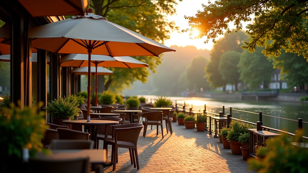 Gezellig terras langs rivier met paraplu's en tafeltjes