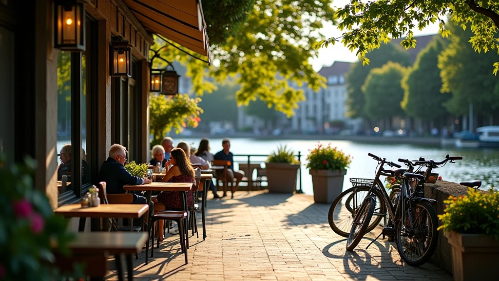 Terras langs rivier waar senioren koffie drinken en genieten