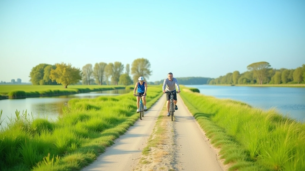 Fietspad langs rivier met groene uiterwaarden en boom in het landschap