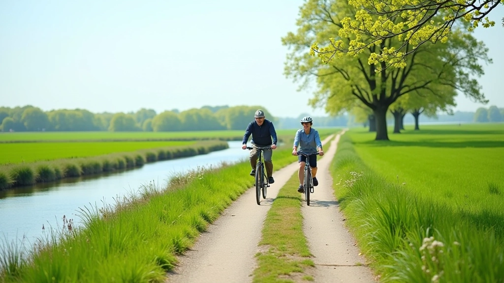 Panoramisch uitzicht op een vlak fietspad langs de rivier met groene uiterwaarden en bomen aan beide zijden