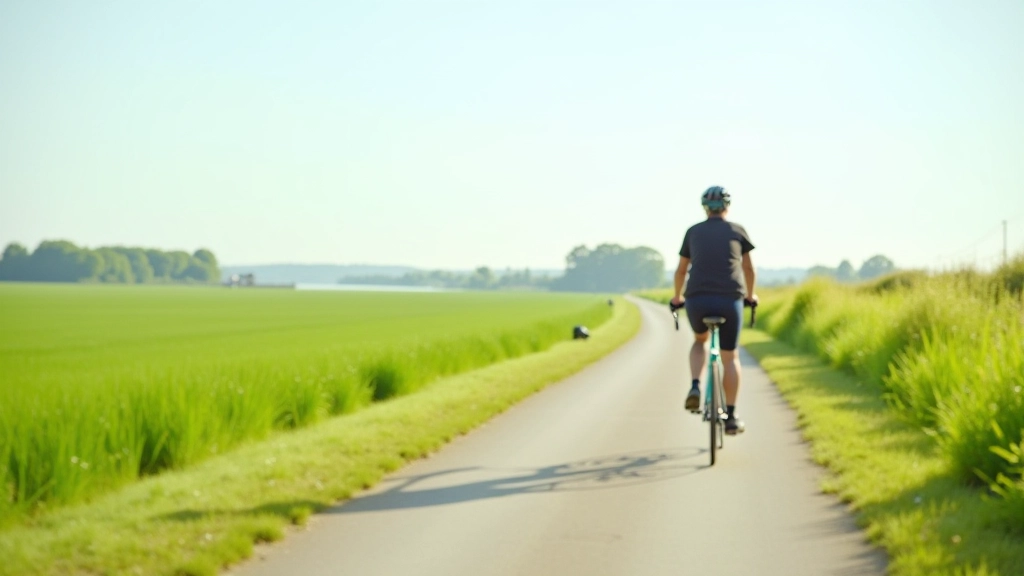 Landelijk fietspad langs rivier met enkele fietsers in de verte, groene uiterwaarden