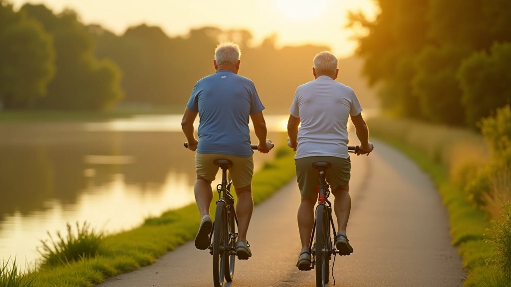 Senioren fietsen samen langs een rustige rivieroever met prachtig uitzicht op water en natuur