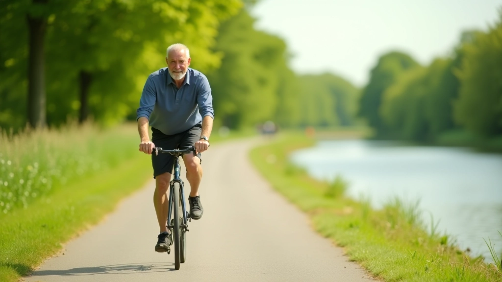 Rivier Waal met groene oevers en fietser op pad