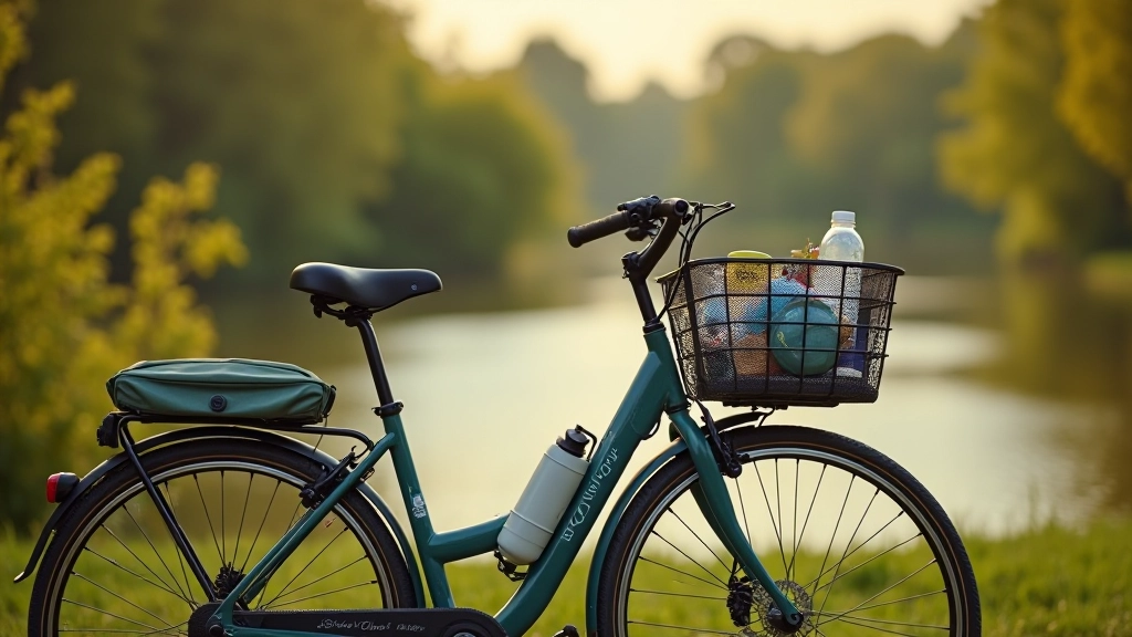 Seniorfiets met rieten mand, waterfles, en kaart klaar voor tocht