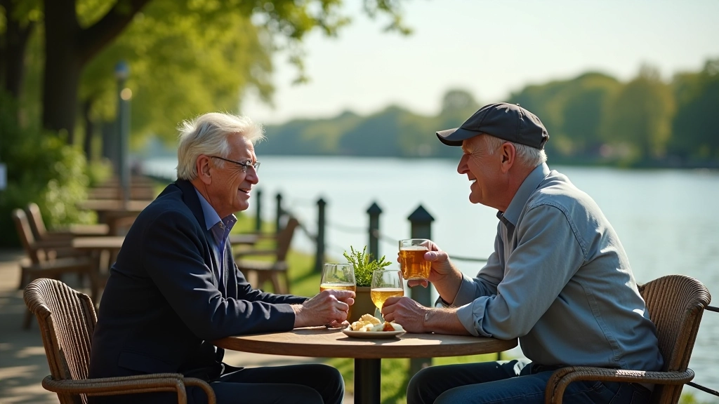 Twee senioren pauzeren aan een waterkantig café