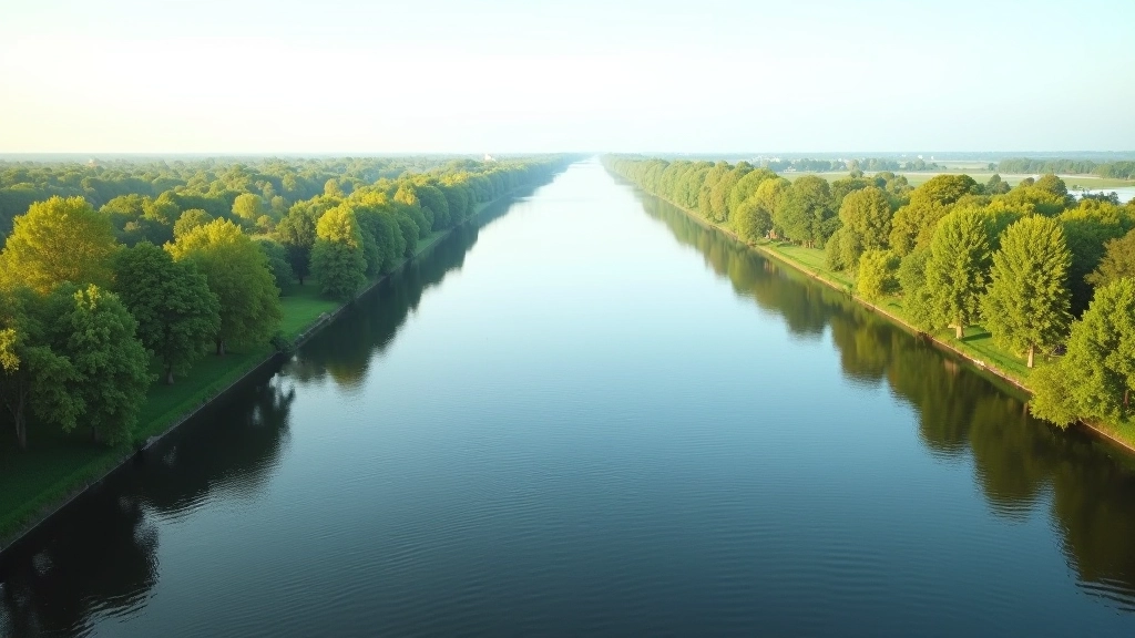 Twee rivieren samenkomen met bomen langs de oevers, breed wateroppervlak